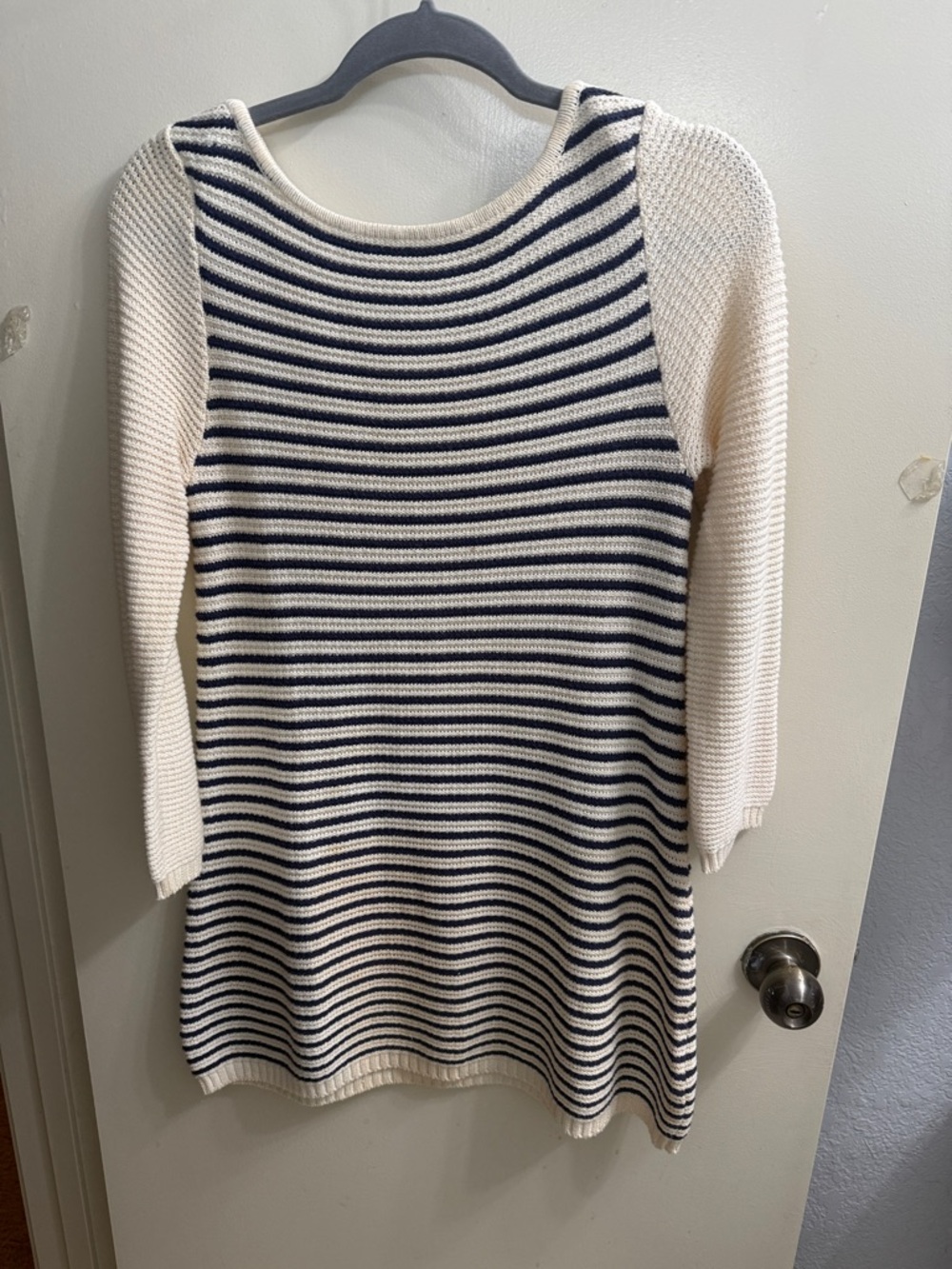 H&M Cream and Navy Striped Crewneck Sweater